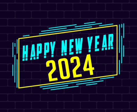 Happy New Year Holiday Abstract Neon Yellow And Cyan Design Vector Logo Symbol Illustration With Blue Backgroundのイラスト素材