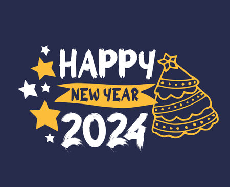 Happy New Year Holiday Abstract Yellow And White Design Vector Logo Symbol Illustration With Blue Backgroundのイラスト素材