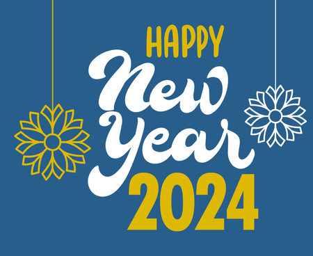 Happy New Year 2024 Holiday Abstract Yellow And White Design Vector Logo Symbol Illustration With Blue Backgroundのイラスト素材