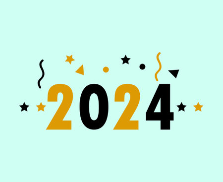 2024 Happy New Year Holiday Abstract Black And Yellow Graphic Design Vector Logo Symbol Illustration With Cyan Backgroundのイラスト素材