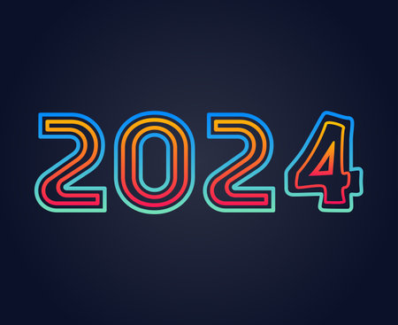 Happy New Year 2024 Holiday Abstract Orange And Cyan Graphic Design Vector Logo Symbol Illustration With Blue Backgroundのイラスト素材
