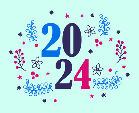 Happy New Year 2024 Holiday Abstract Blue And Pink Graphic Design Vector Logo Symbol Illustration...