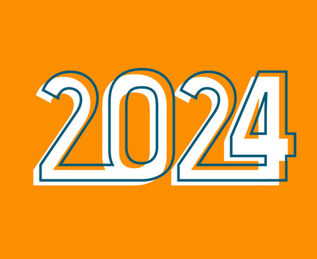 Happy New Year 2024 Holiday Abstract Blue And White Graphic Design Vector Logo Symbol Illustration With Orange Backgroundのイラスト素材