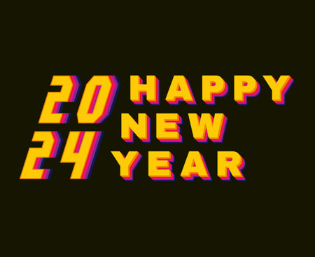 Happy New Year 2024 Abstract Yellow Multicolor Graphic Design Vector Logo Symbol Illustration With Black Backgroundのイラスト素材