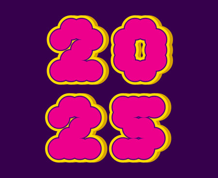 2025 Happy New Year Abstract Purple And Yellow 3D Realistic Typography Numbers Design Vector Illustrationのイラスト素材