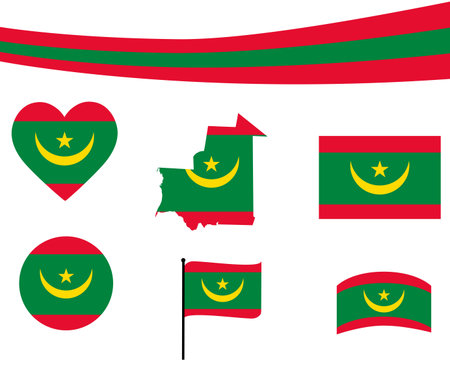 Mauritania Collection Flag Heart Emblem And Map Symbol Icon Vector Illustration Abstract Design Elementのイラスト素材