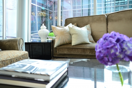 Coffee Table books, flowers and couch in hotel lobby のeditorial素材