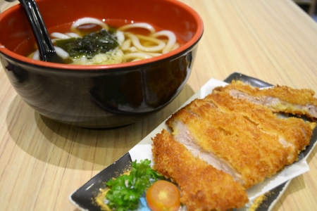  udon noodles with tonkatsu  pork cutlet  in japanese restaurantの写真素材