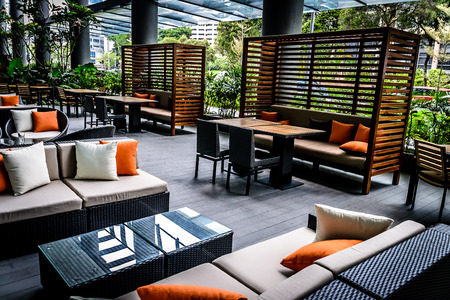 casual outdoor dining restaurant with cushionsのeditorial素材