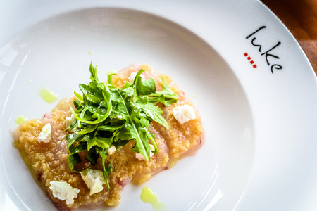 Sashimi of Kingfish, Ginger, Eshallot and Goats Fetaのeditorial素材