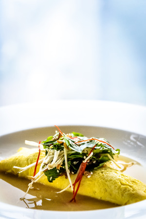 Sydney Crab Omelette, Enoki Mushroom, and Herb Salad, Miso Mustard Broth