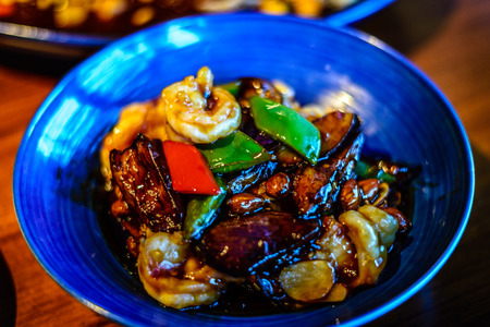 Braised Shrimps with Eggplant, Chilli, Bean in dark sauce chinese cuisineの写真素材