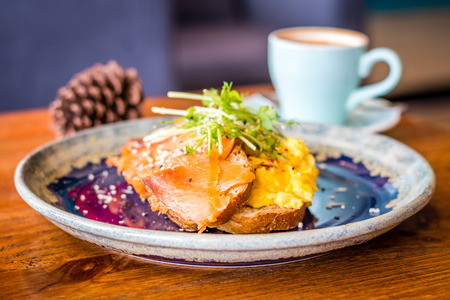 Salmon Scramble Sandwich Creamy scrambled egg, smoked salmon, sliced cheese, caramelised onion &...
