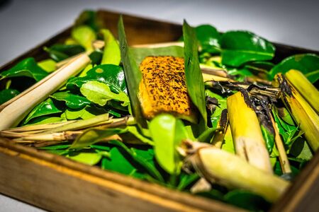 NIPPON KOI FARM SILVER PERCH Otah rempah, all-spice leaf, kaffir lime oilの写真素材