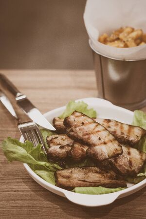 Home Cured Bacon Thicks Thick cut belly strips that has been cured for days, smoked and then grilledの写真素材