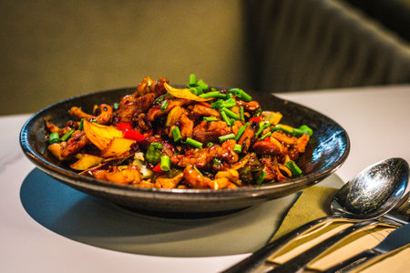 Chicken Cashew Nuts gluten free Full of umami-taste, tossed with dried chilli, onions and cashew nutsの写真素材