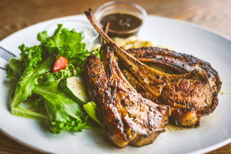 Chargrilled Lamb Rack Cucumber mint yoghurt, mashed potato,mesclun salad, mushroom  sauce
