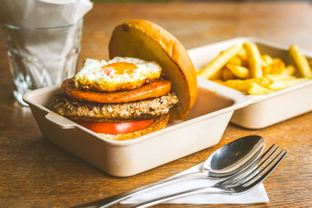 Champion Burger with Beef patty, chicken luncheon meet, sunny side up eggの写真素材