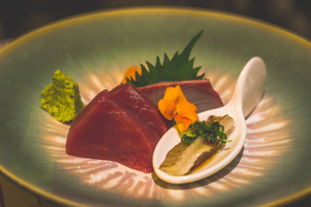 Sashimi Moriawase of tuna, salmon and flounder and served in a bowlの写真素材