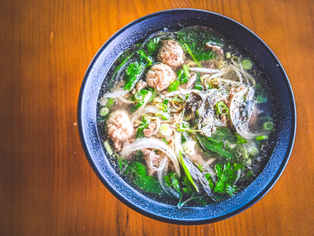 Beef Noodle Soup with sliced beef, beef meatballs,beef brisket, bean sprouts and vegetables
