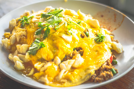 Thai Basil Pork and Crab Omelette Rice with coriander on topの写真素材