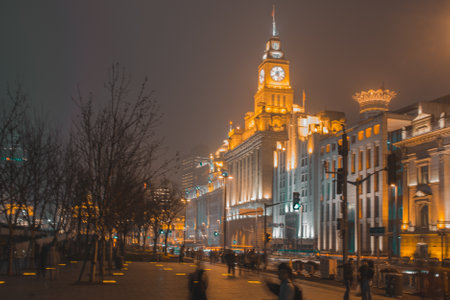 Buildings and art deco architecture along The Bund in Shanghai, Chinaの写真素材
