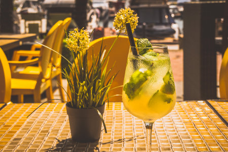 Coconut with Mojito and coconut flesh served in a wine glassの写真素材
