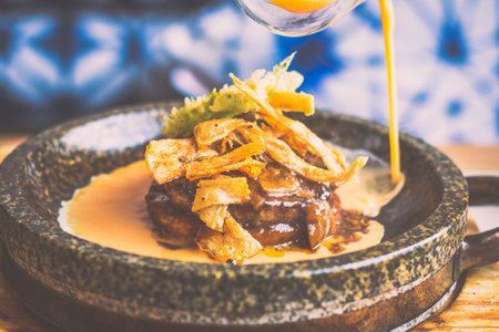 A4 wagyu Hamburg, crispy rice, burdock chips, oba tempura, tamago, special sauceの写真素材