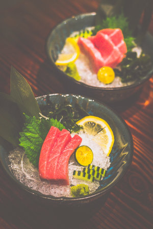 Hon Maguro Chutoro medium fat tuna sashimi on a bed of iceの写真素材
