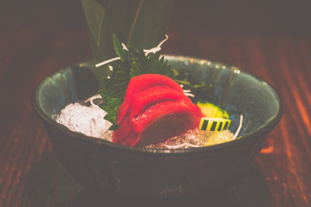 Hon Maguro Akami lean tuna sashimi served on a bed of iceの写真素材