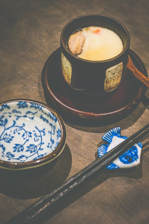 Chawanmushi Japanese steamed egg custard with chicken broth gingko nuts, prawn, mushroomの写真素材