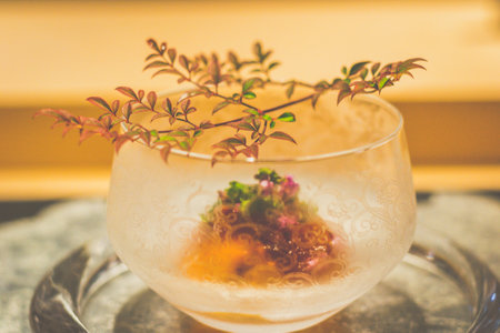 japanese uni sea urchin with Botann shrimp and Roasted shrimp head jellyの写真素材