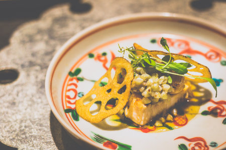 tuna with deep fried Kaga Lotus Root and Yuzu Chile Peppers sauceの写真素材