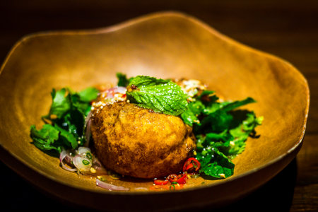 deep fried hard boiled chiken egg served with chilli shallots and greensの写真素材