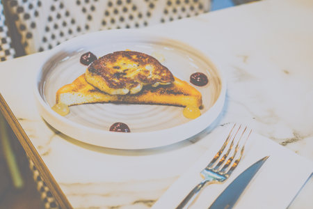 Pan Fried Foie Gras with french duck liver serve with brioche toast, beetroot and apple sauceの写真素材
