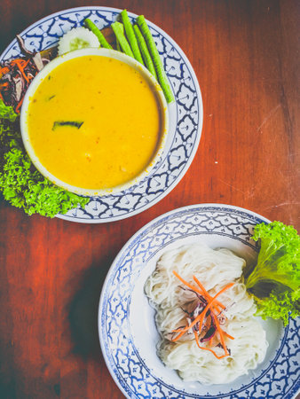 Thai Crab Laksa Thai styled laksa served with crab meat and rice vermicelli on the sideの写真素材