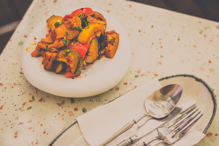 Ratatouille French provencal dish of stewed vegetables on a tableの写真素材