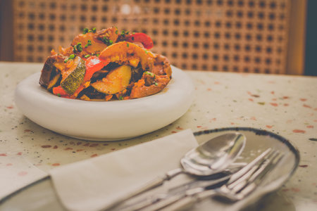 Ratatouille French provencal dish of stewed vegetables on a tableの写真素材