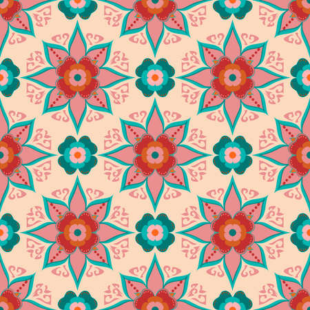 Seamless vector repeatable pattern of formal flowers in peach, teal and aqua. Vintage inspired with a modern palette twist making this a fresh, pretty and trendy apparel or interior decor print.のイラスト素材
