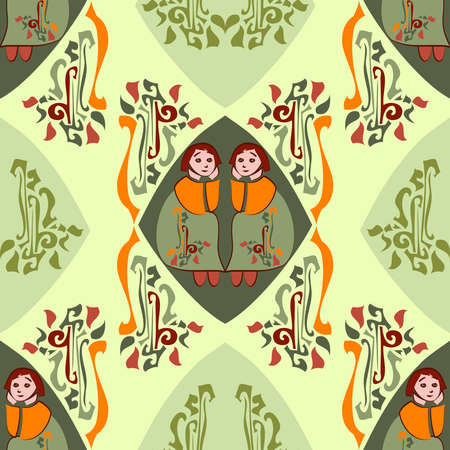 Vector seamless repeating cute pattern of little cartoon style girls in a folk art setting in orange, green and red on a lemon background. Sweet and quirky design, great for girlâs surface prints.のイラスト素材