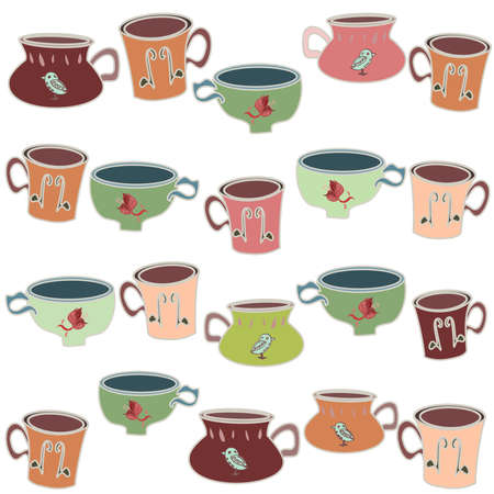 Repeatable vector teacup pattern in various rustic shades isolated on white in a random arrangement. Cups in terracotta, orange, pink and duck egg, a random and quirky surface design.のイラスト素材