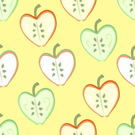 Seamless vector repeating fruit pattern of cross sectioned red and green apples on a lemon background.のイラスト素材