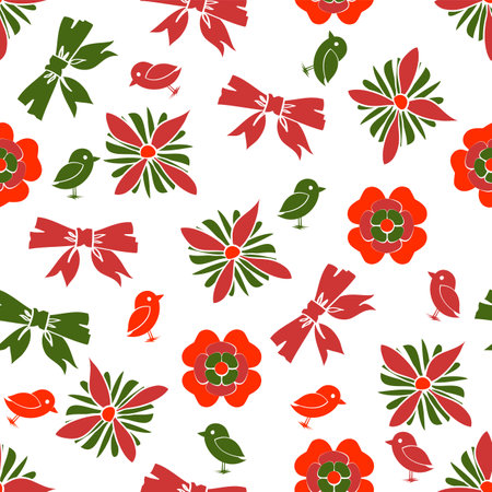 Vector repeating seamless Christmas pattern with read and green flower, bow and birds on a white backgroundのイラスト素材