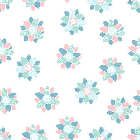 Seamless vector repeating pattern of swirly pink, blue and green scattered flowers isolated on a white background.のイラスト素材