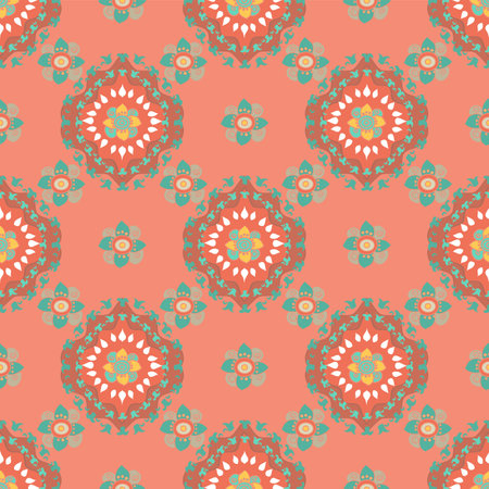 Seamless vector repeat abstract decorative and intricate pattern in peach and green in diamond...