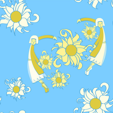 Seamless vector repeat ballerina and daisy pattern in sky blue, yellow and whiteのイラスト素材