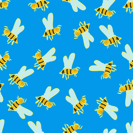 Seamless, fun vector repeat flying bees pattern on a sky blue backdrop in a scattered formationのイラスト素材