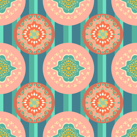 Repeatable vector seamless abstract decorative pattern with bold and quirky circles and stripes in teal, aqua, pink and red in a symmetrical arrangementのイラスト素材