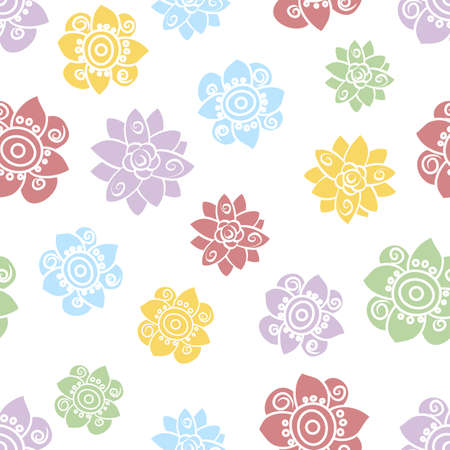 Vector repeat seamless scattered simple floral pattern in blue, yellow, purple and green on a white backgroundのイラスト素材