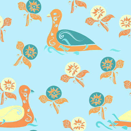 Vector repeating swimming classic style duck pattern with flowers in blue, orange and cream with ornamental and elegant decorationのイラスト素材